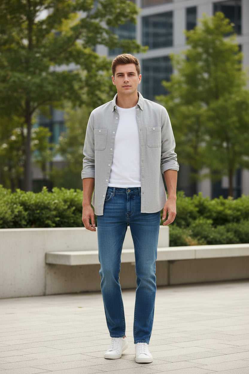 Folded and unfolded blue jeans with a brand label on a white background