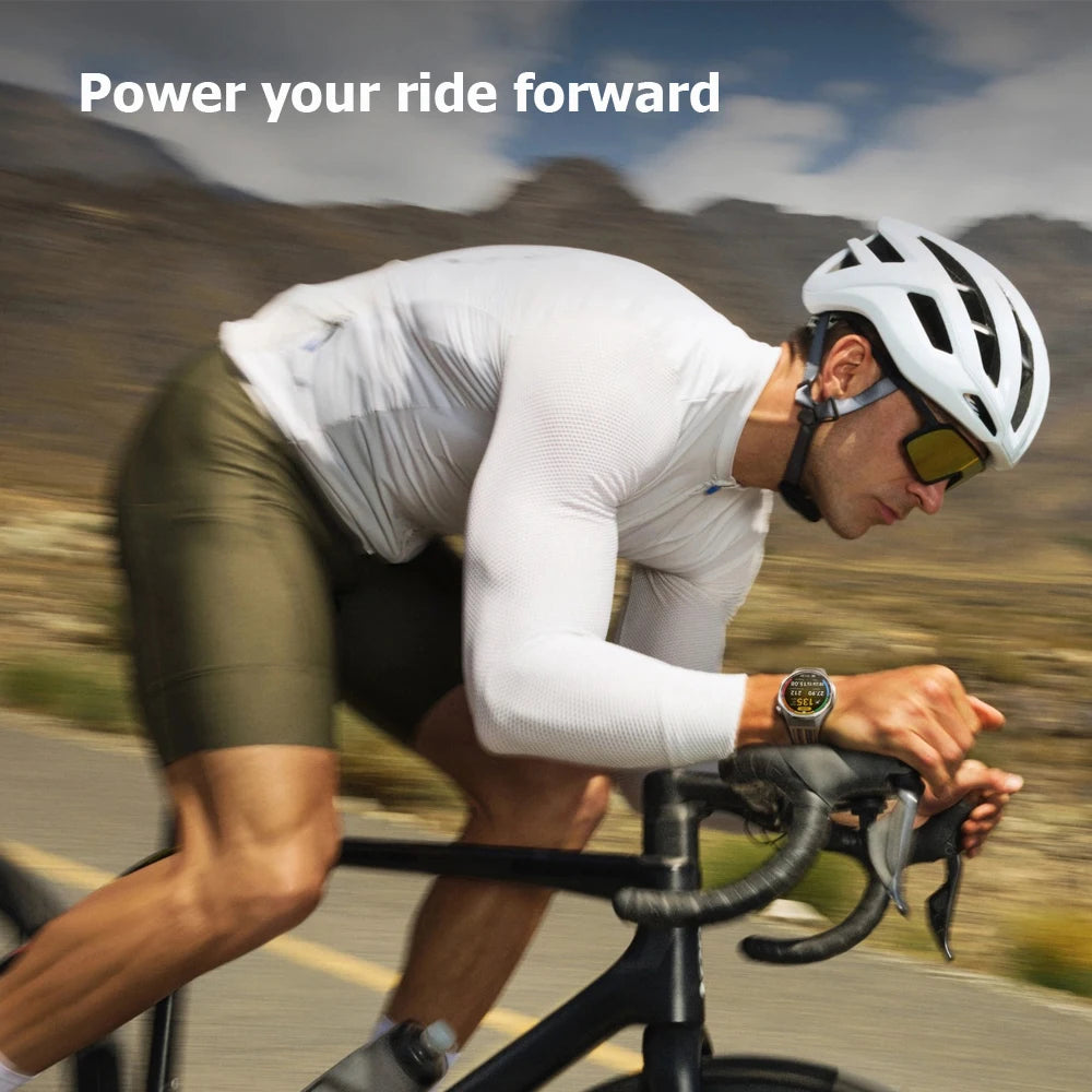 Cyclist on a mountain road with 'Power your ride forward' text