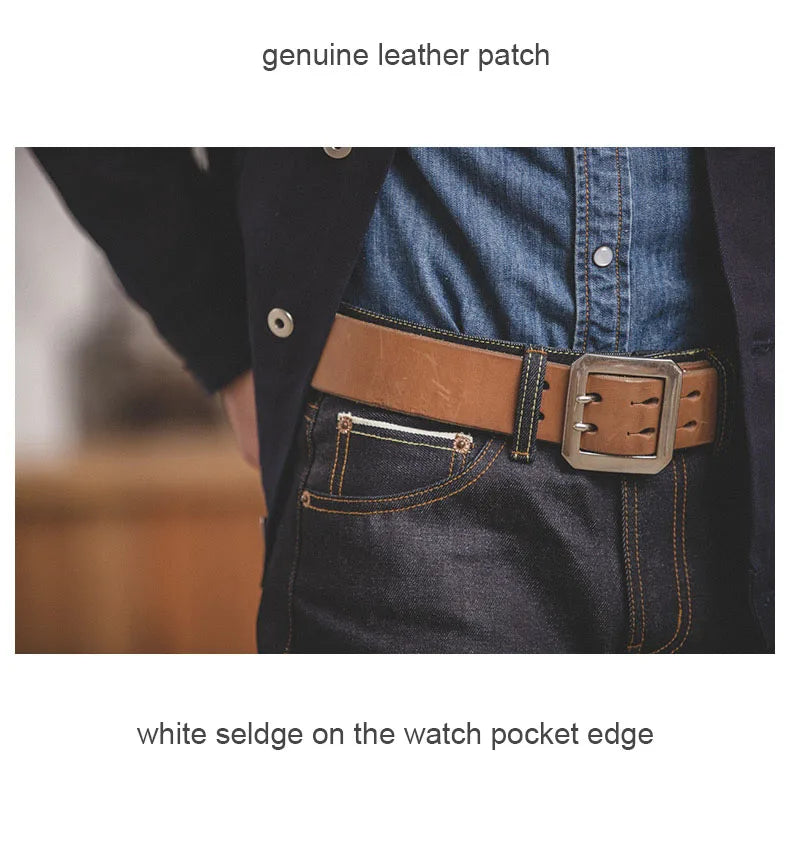 Brown leather belt with a silver buckle worn by a person in jeans, with text indicating 'genuine leather patch' and 'white seludge on the watch pocket edge'.