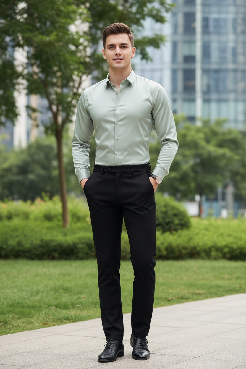 Light green dress shirt worn by a person with a neutral background