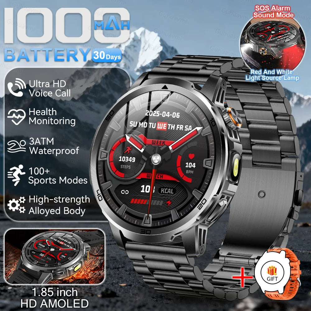 Smartwatch with metallic band and mountainous background, featuring various watch functions.