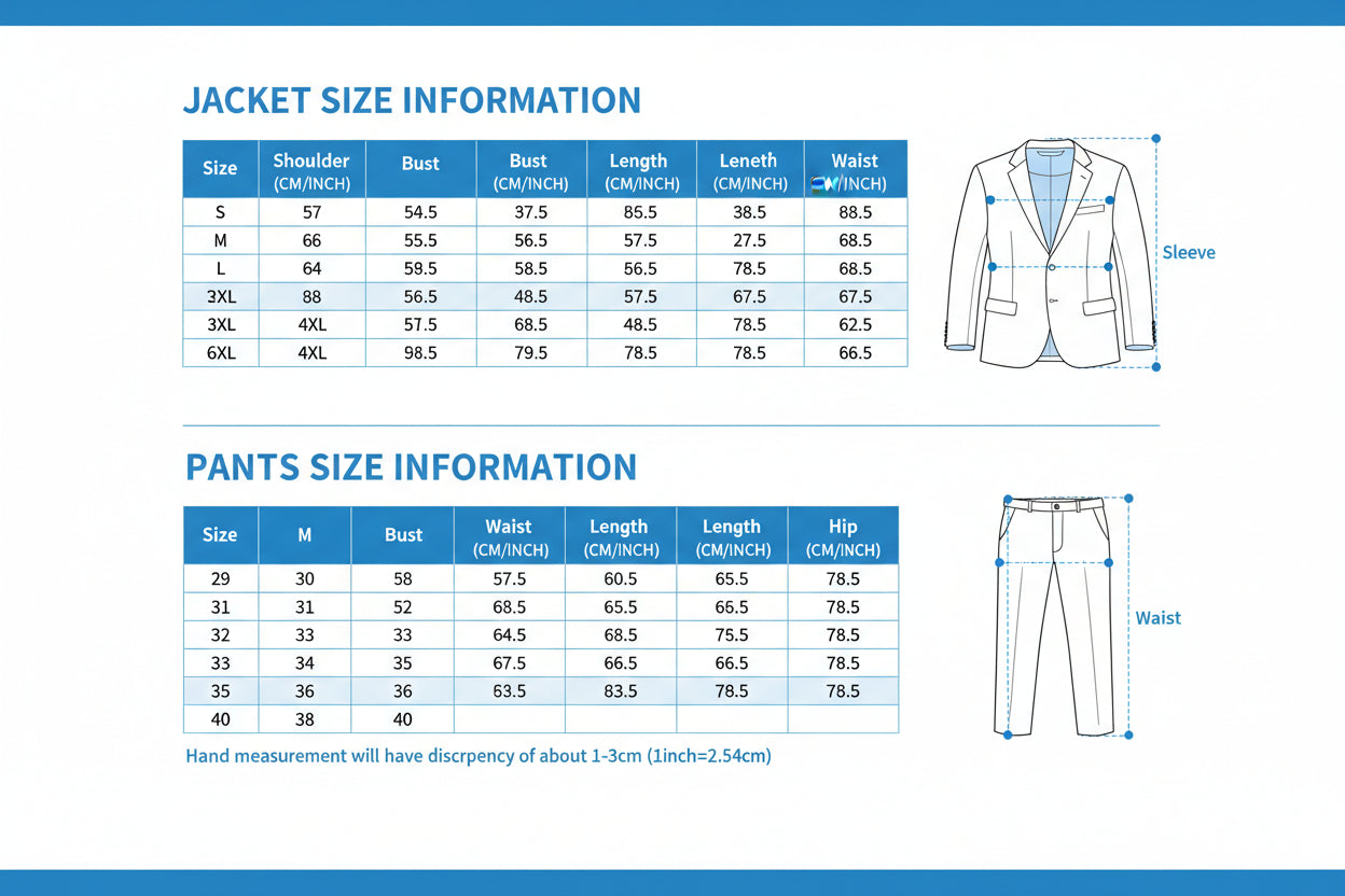 Size chart for clothing with measurements in centimeters and inches.