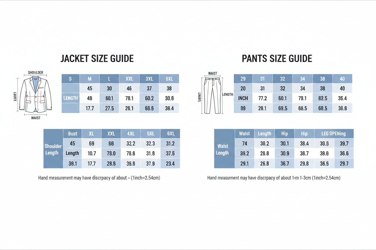 Size chart for clothing with measurements in centimeters and inches.