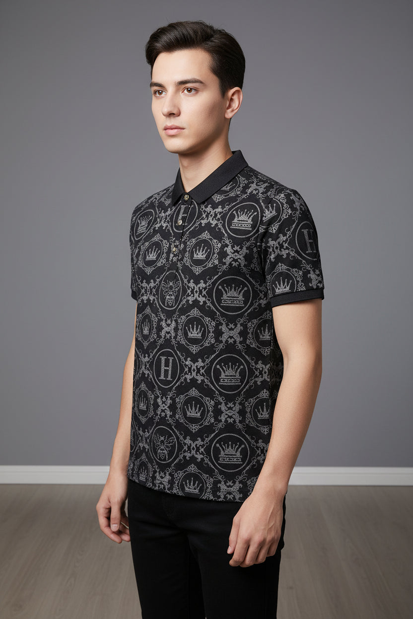 Polo Shirt for Men with Drawings, Alphabet Design, Collared Rock Style