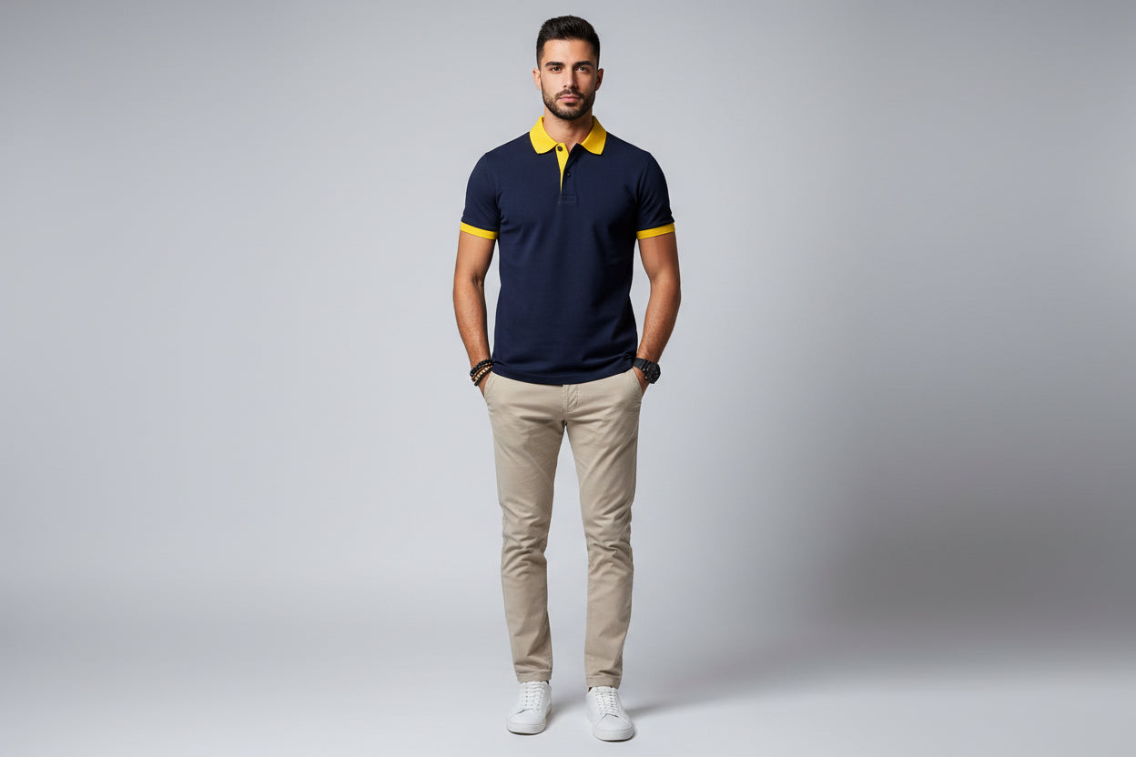 Man wearing a navy blue polo shirt with yellow accents on a white background