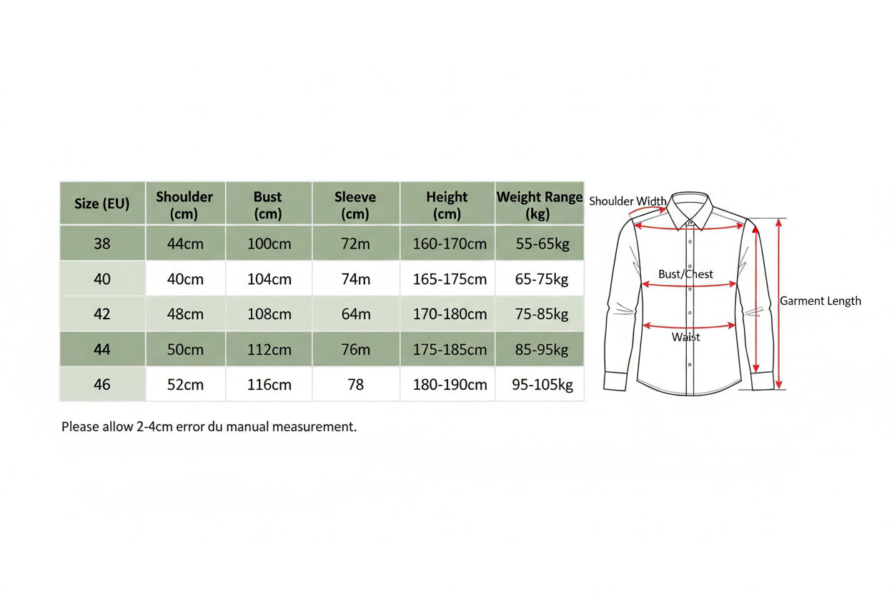 Size chart for clothing with measurements and weight ranges.