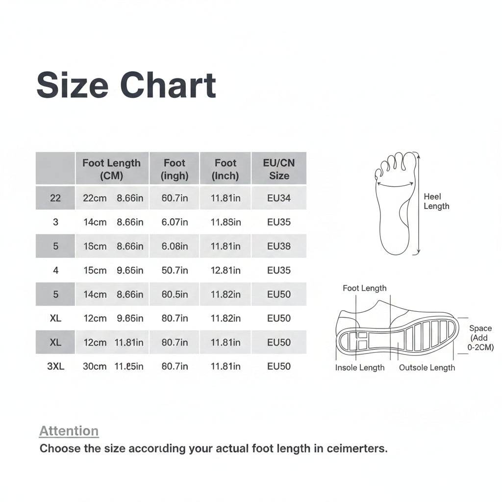 Foot length size chart with measurements in CM, Inch, and EU/CN