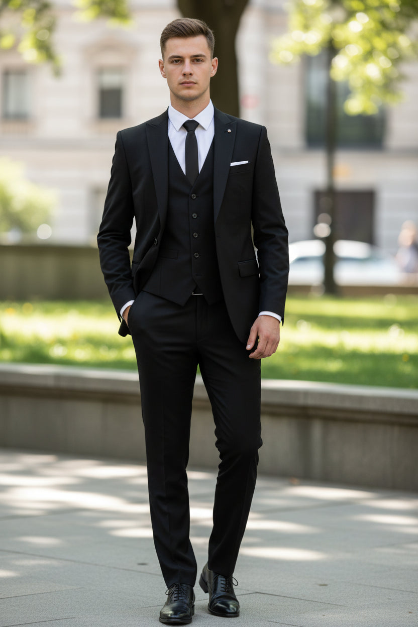 Gray suit with white shirt and black tie worn by a person, standing against a neutral background.