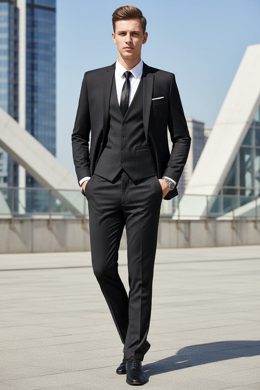 Gray suit with white shirt and black tie worn by a person, standing against a neutral background.