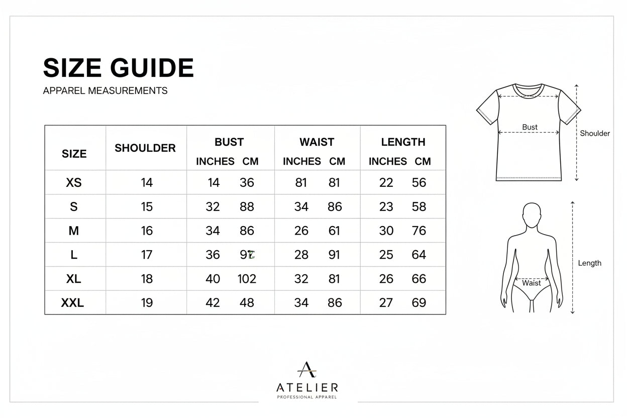 Measurement chart for a shirt with labeled parts and a person for scale.