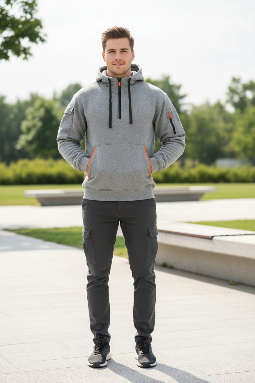 Gray hoodie with orange accents on a white background