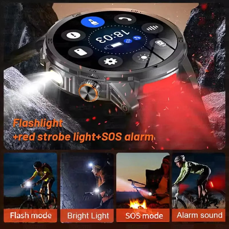 Smartwatch with flashlight, red strobe light, and SOS alarm features, shown in various scenarios.