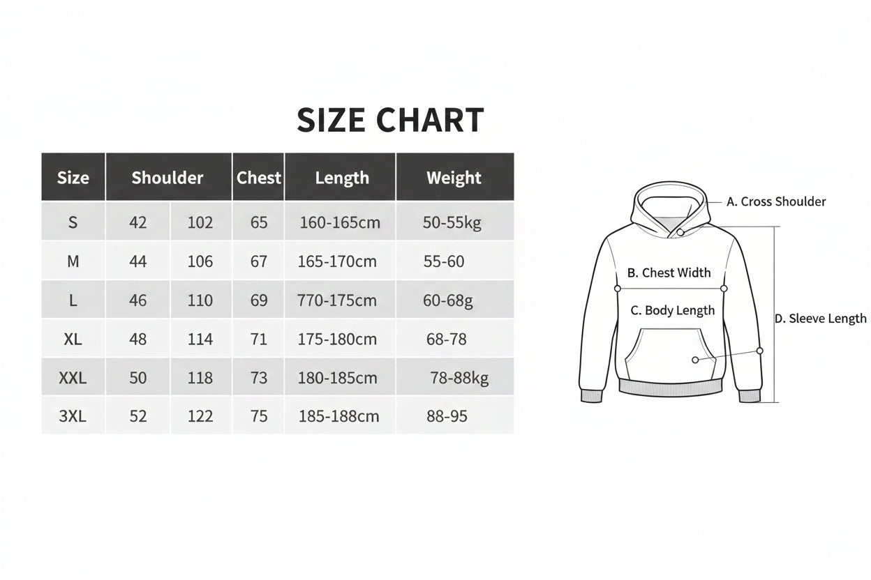 Size chart for a garment with measurements in centimeters and kilograms.