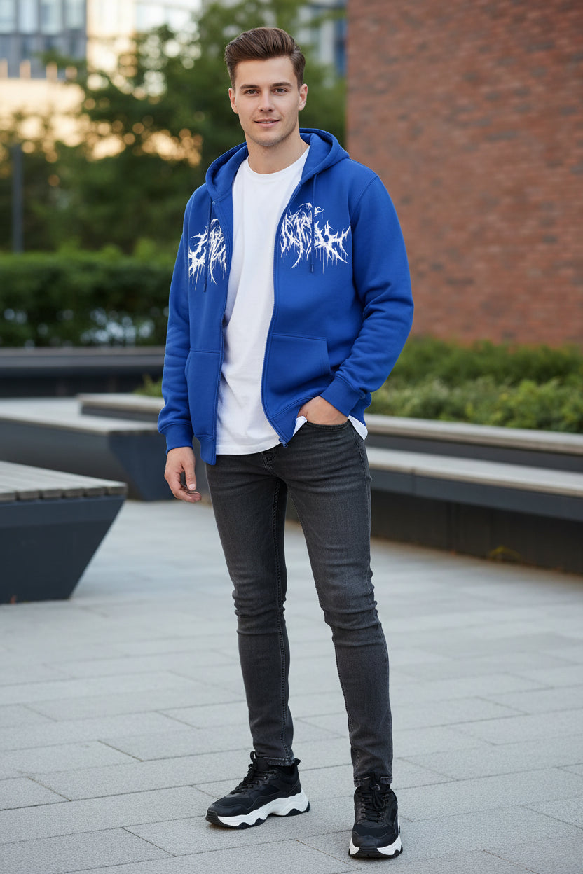 Blue hoodie with white graphic design on a white background