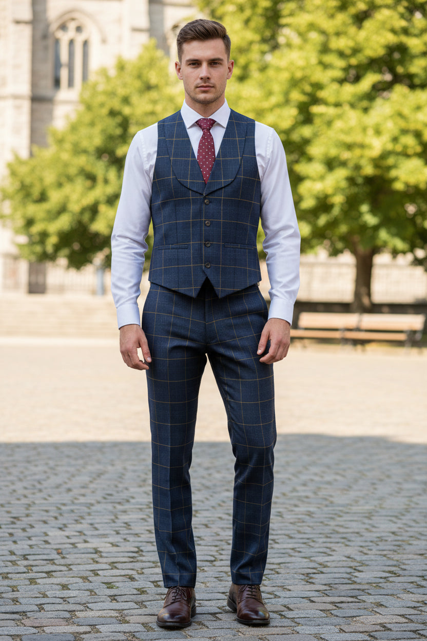 Blue checkered vest with a red tie on a mannequin against a beige curtain background