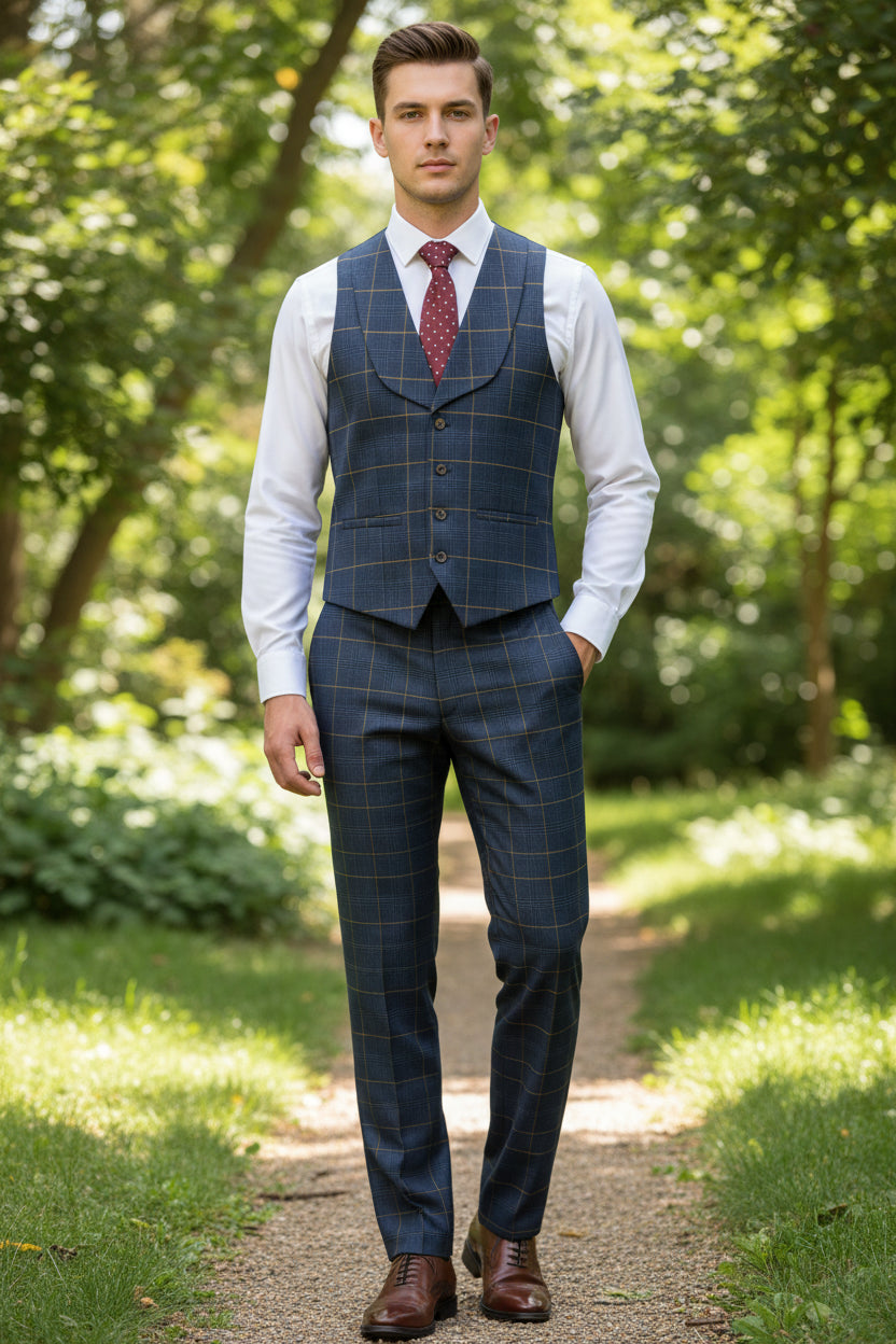 Blue checkered vest with a red tie on a mannequin against a beige curtain background