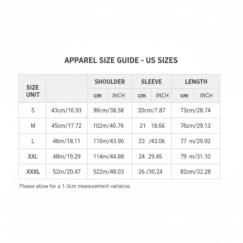 Size chart for clothing with measurements in centimeters and inches, including a warning about manual measurement errors.