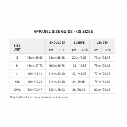 Size chart for clothing with measurements in centimeters and inches, including a warning about manual measurement errors.