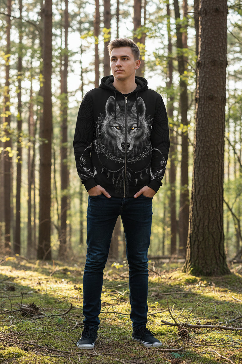 Black hoodie with a wolf design on a white background