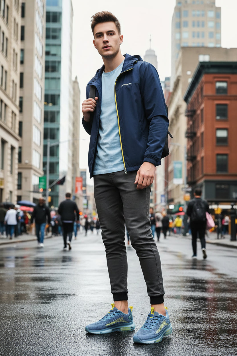 Blue and gray athletic shoe with yellow accents on a blurred outdoor background