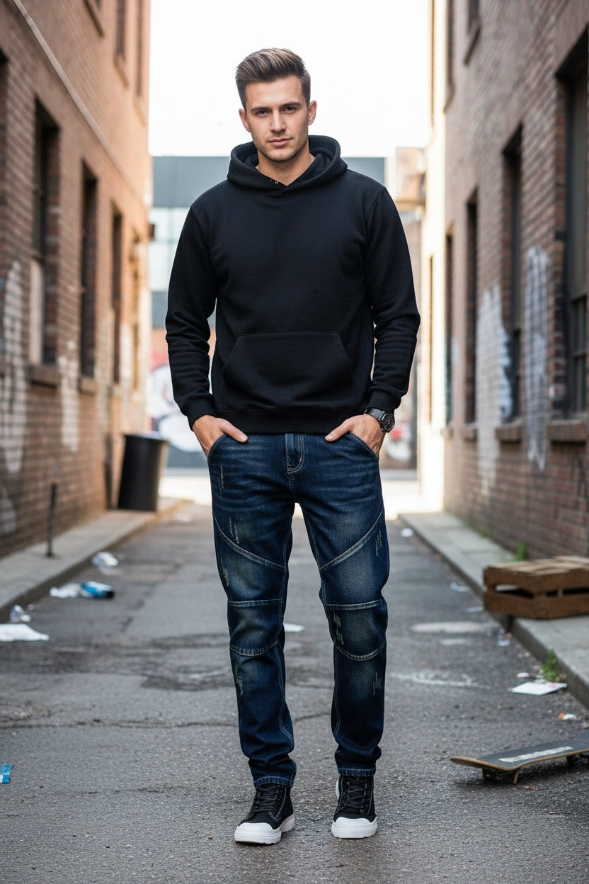 Person wearing dark blue jeans with patchwork design in a clothing store.