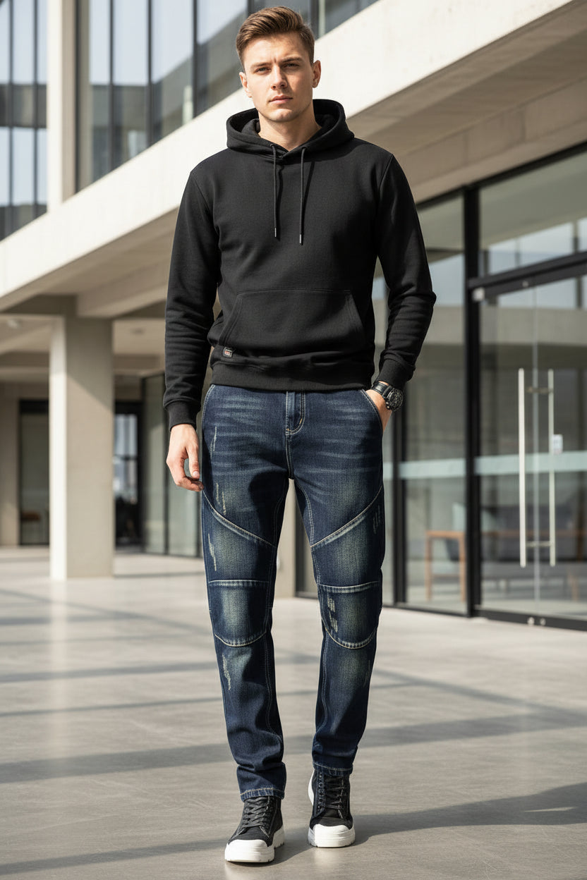 Person wearing dark blue jeans with patchwork design in a clothing store.