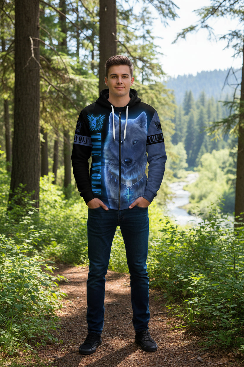 Hoodie with a wolf design and 'The Wolf' text on a white background
