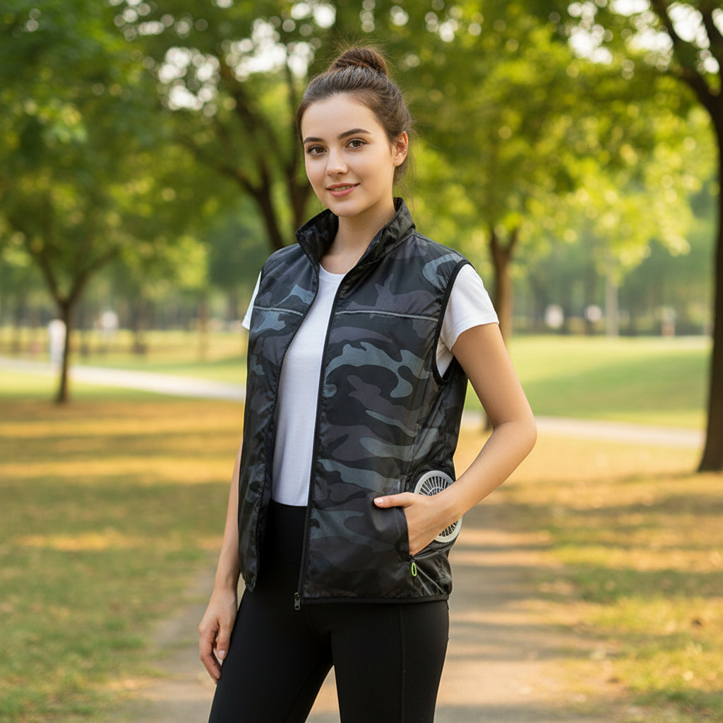 Black heated vest with fan components and power cable on a white background