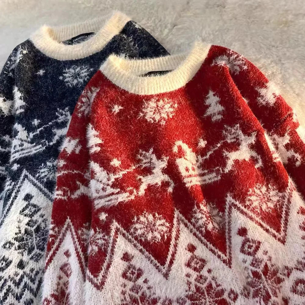 Christmas Couple Sweaters Loose Knitted Thickened Men's round Neck Long Sleeve Casual Winter Fashion Street Style Sweatshirt