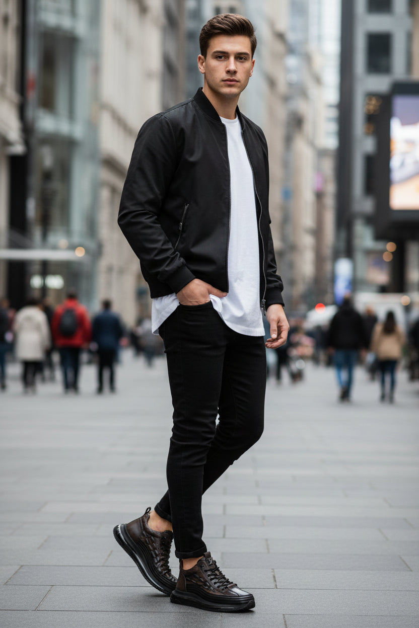Gray sneaker with black sole held in a shoe store