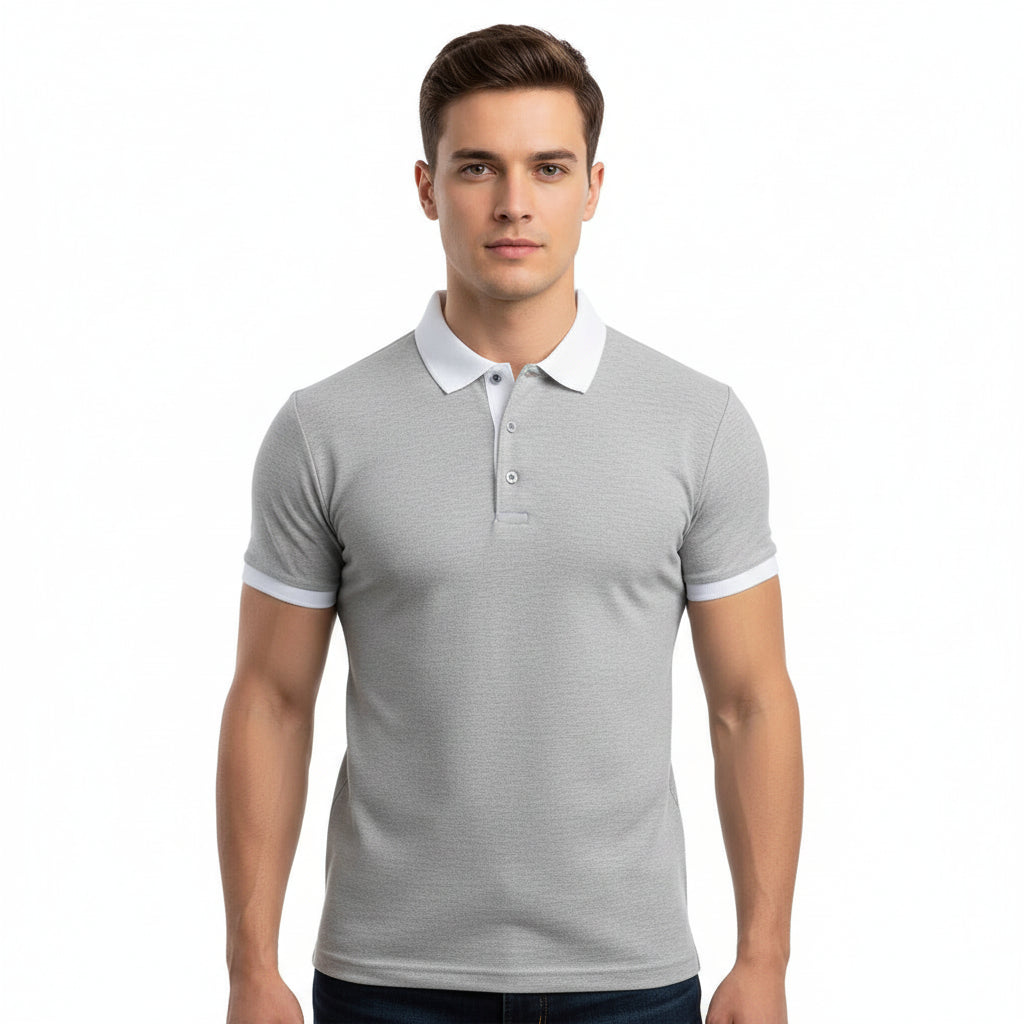 Man wearing a gray polo shirt on a white background