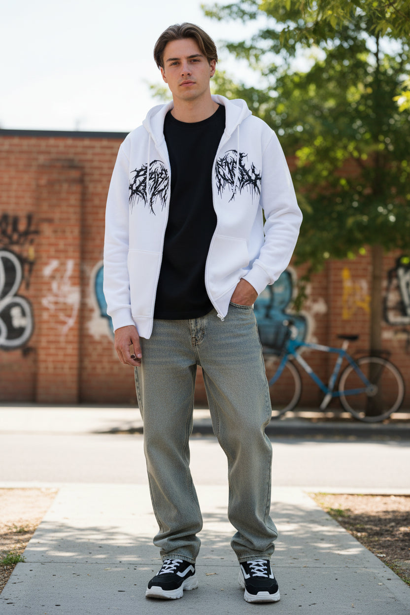 White hoodie with black graphic design on a white background