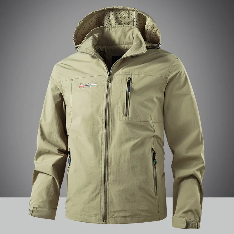 Mens Waterproof Jacket Outdood Hiking Cycling Hooded Windbreaker Multi-Pocket Camping Sportswear Windproof Workwear Coat for Men