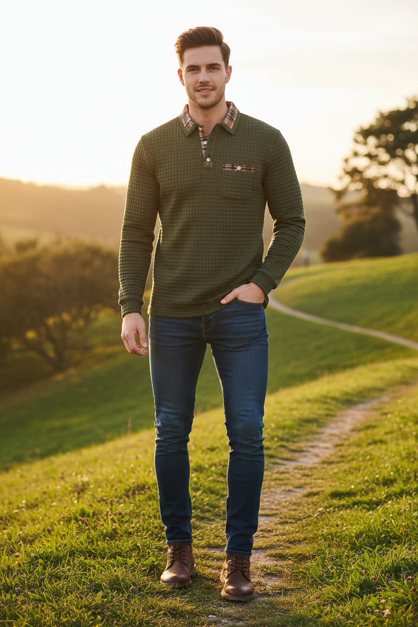 Green textured long-sleeve shirt with plaid collar on a white background