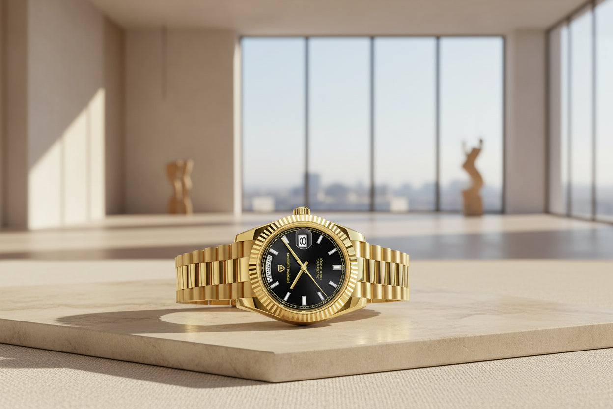 Gold wristwatch with black dial and Pagani Design branding on a white background.