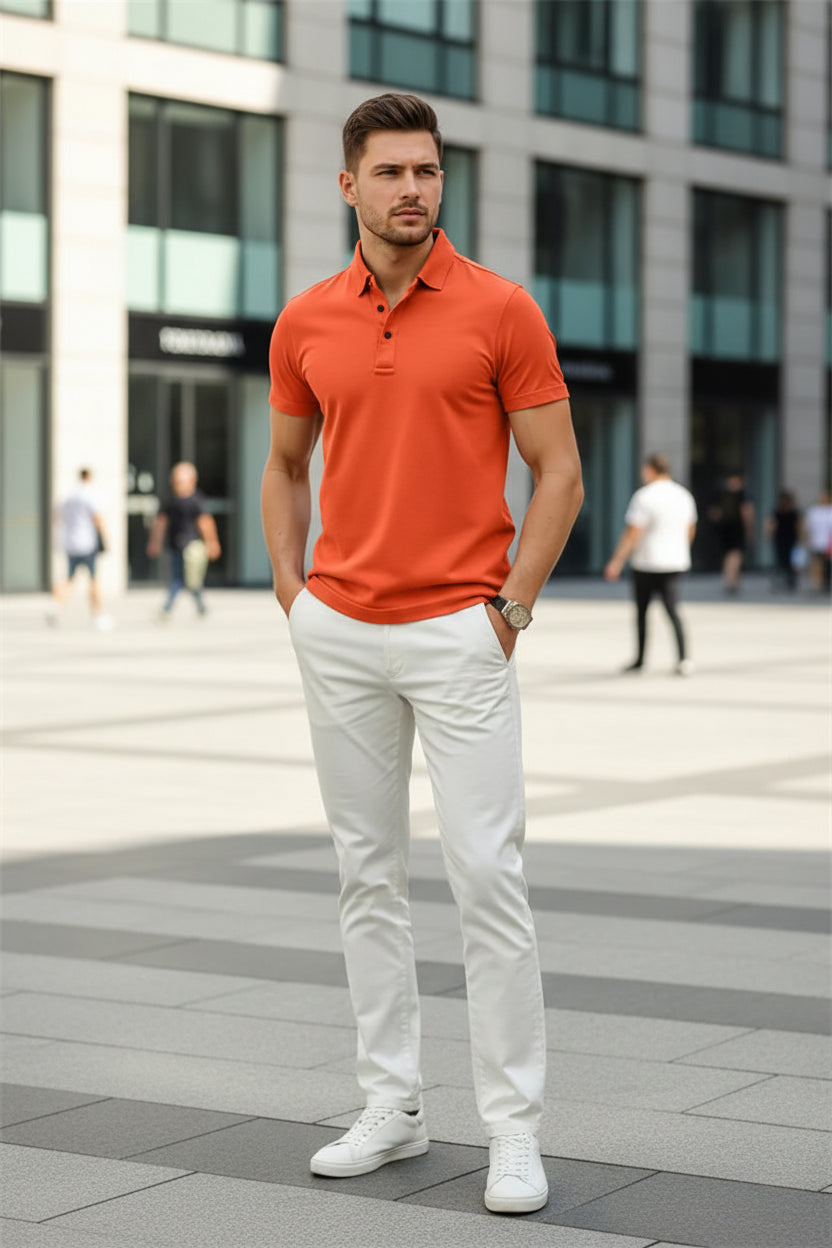 Man wearing an orange polo shirt with a blurred city street background