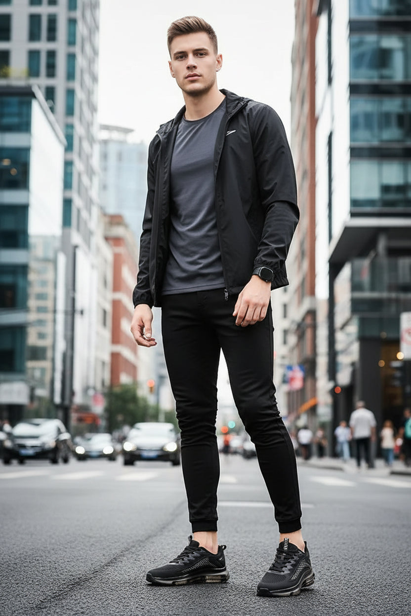 Black running shoes with a reflective sole on a reflective surface.