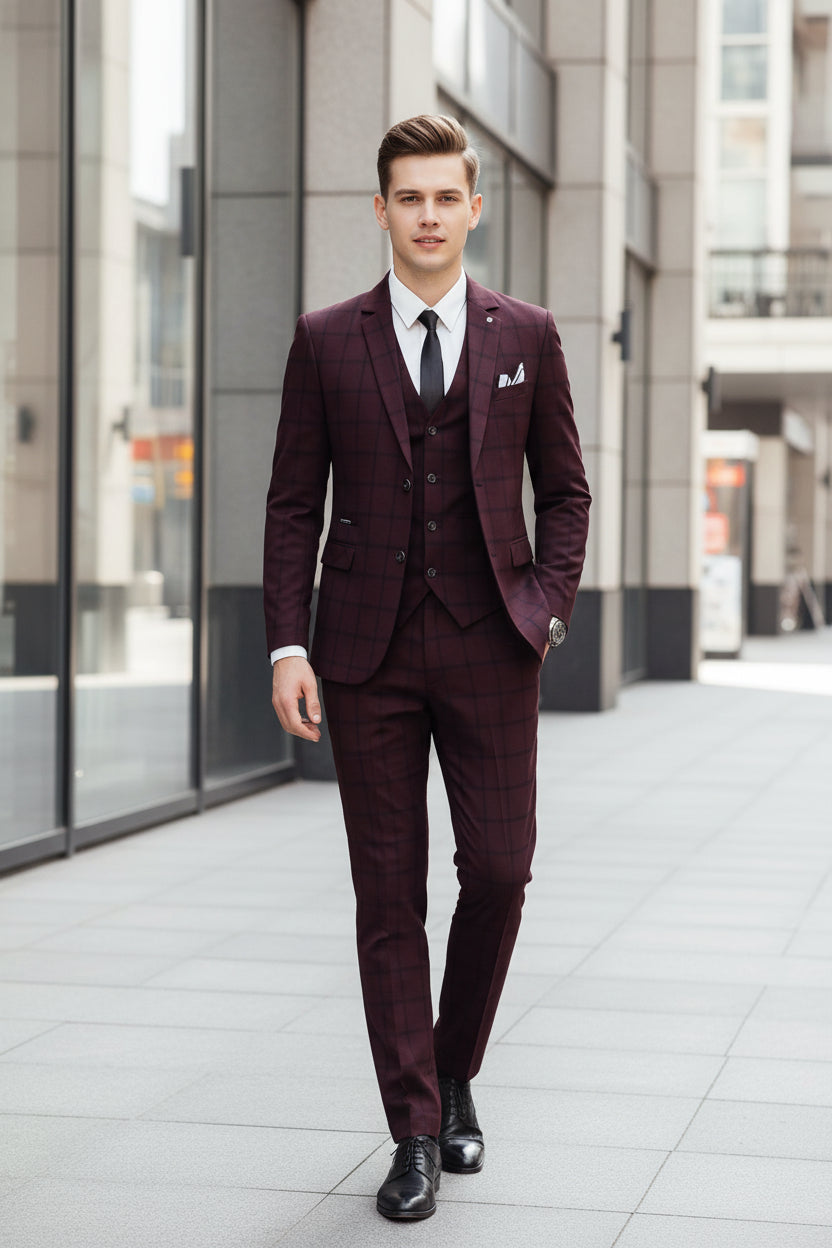Man wearing a maroon checkered suit in a cafe setting