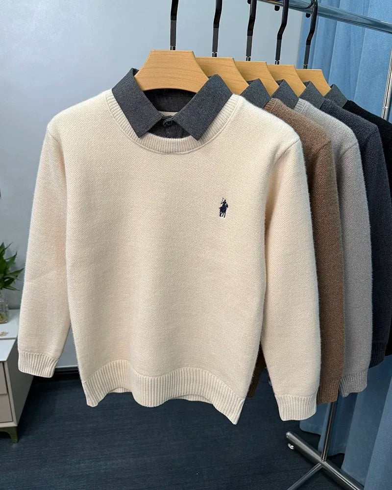 High end trendy pony embroidery men's sweater luxury brand fashion Paul winter velvet warm striped shirt collar knitted pullover