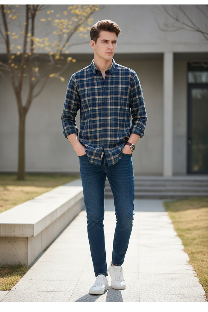 Blue and white plaid shirt with close-up details on a white background