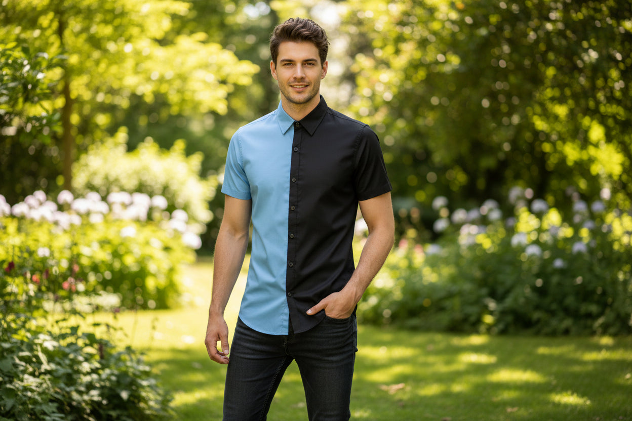 Short-sleeve shirt with a two-tone design of light blue and black on a white background