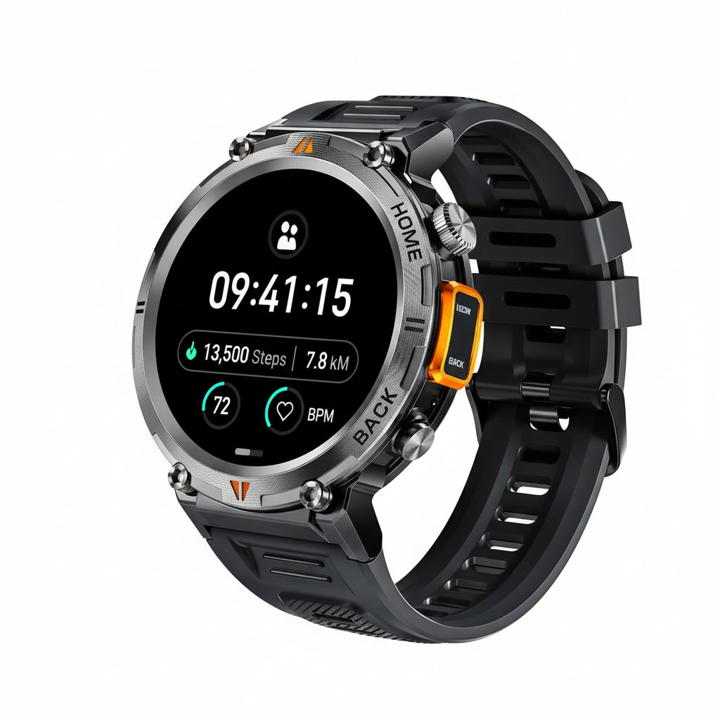 Smartwatch being worn by a cyclist with activity tracking features displayed on screen