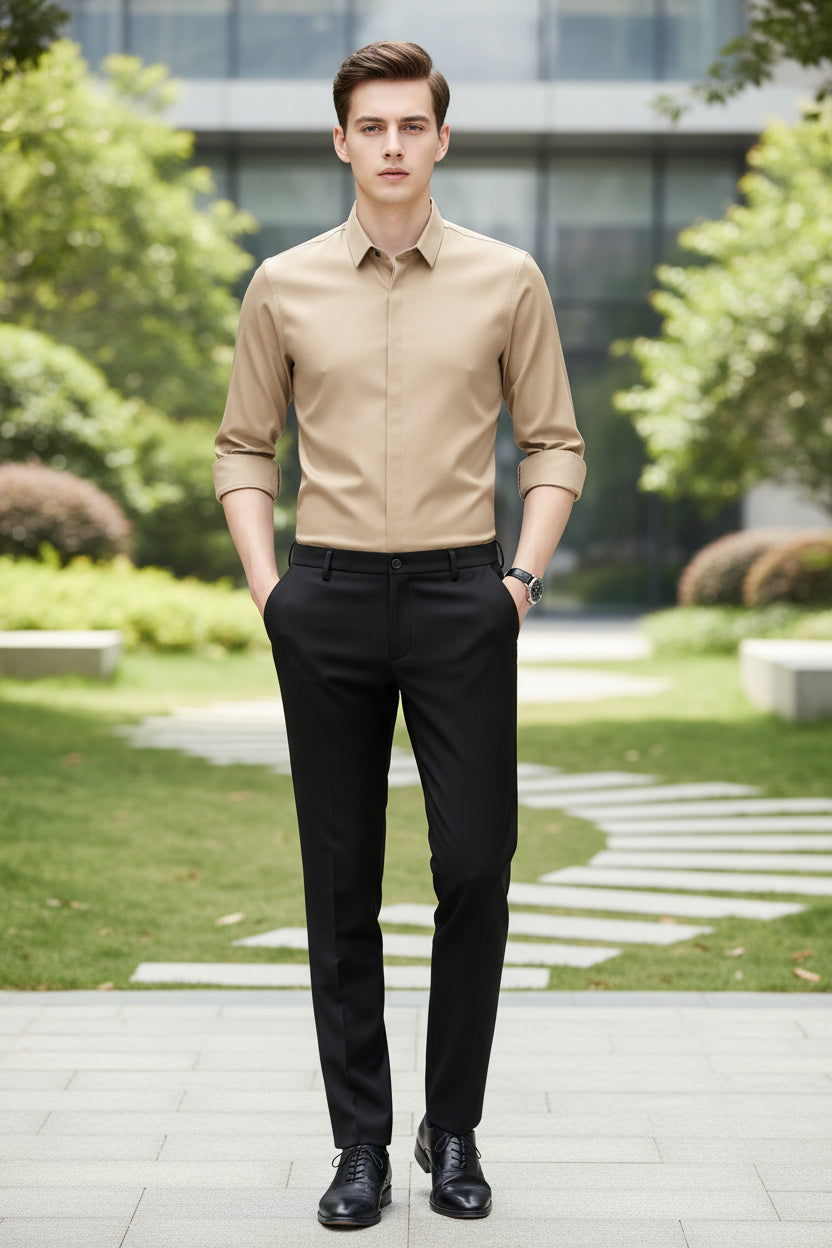 Beige dress shirt with rolled-up sleeves worn by a person on a gray background