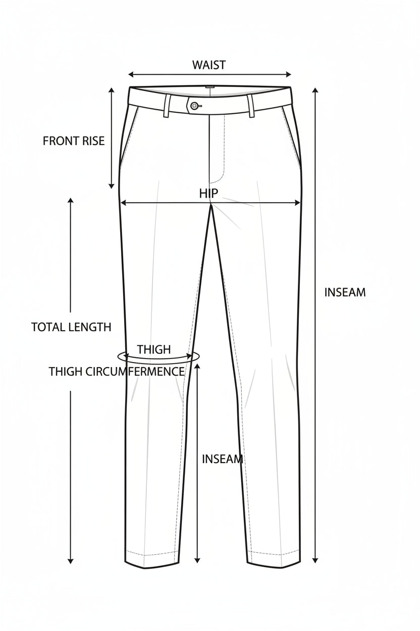 Diagram of pants with measurement labels for waist, front rise, hip, thigh circumference, and length.