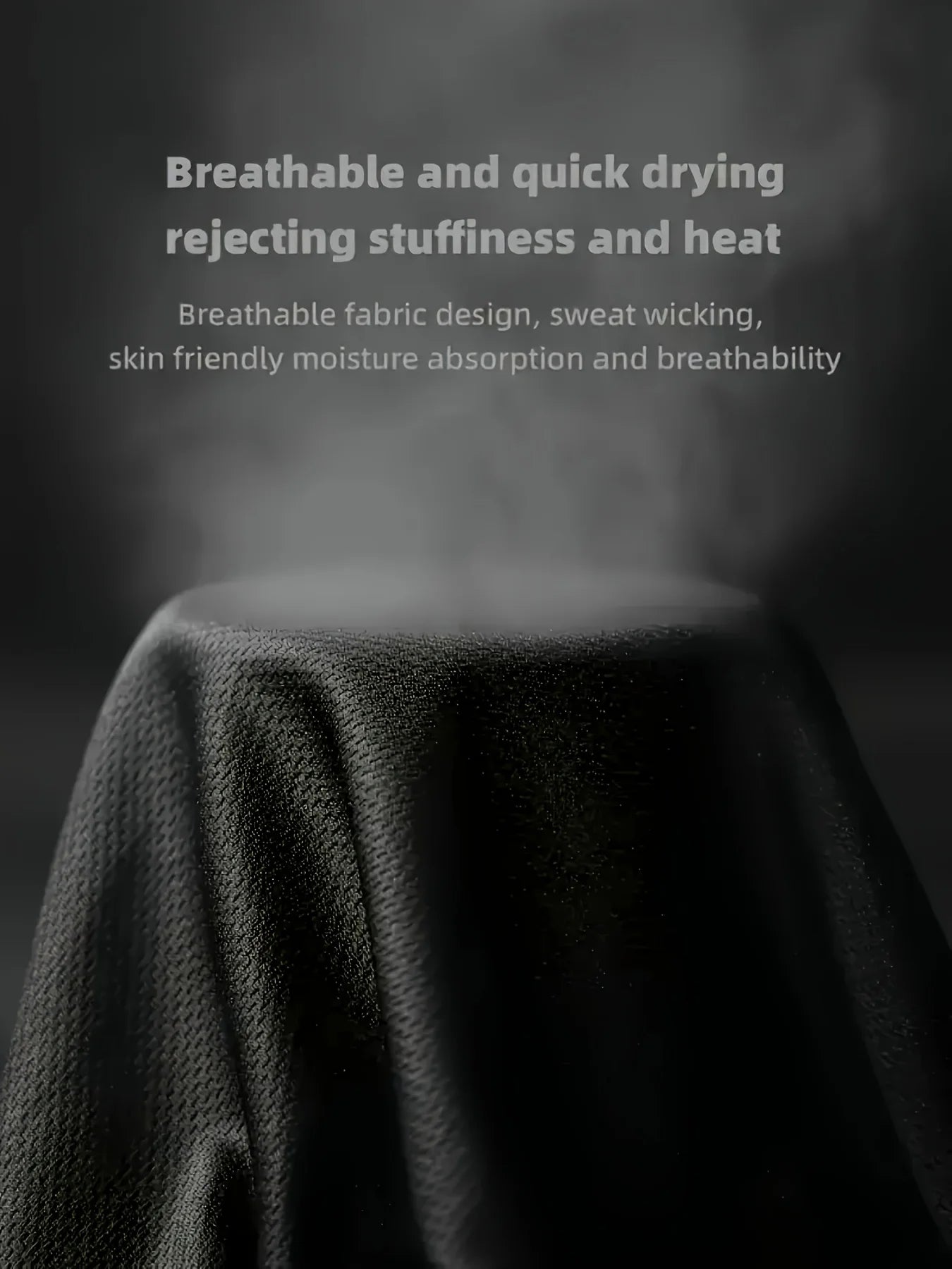 Dark fabric draped over a cylindrical object with text about fabric properties on a dark background