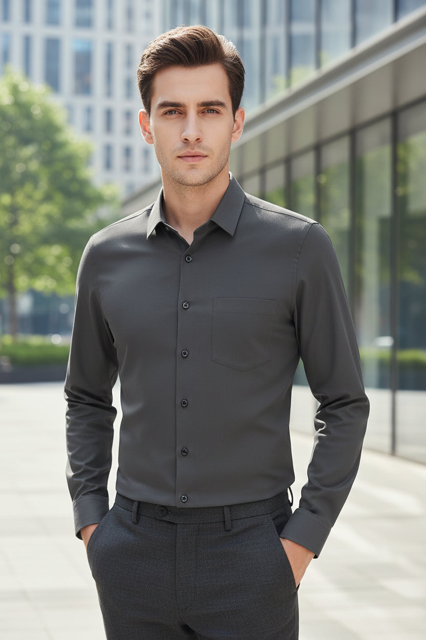 Gray shirt on a hanger against a gray background