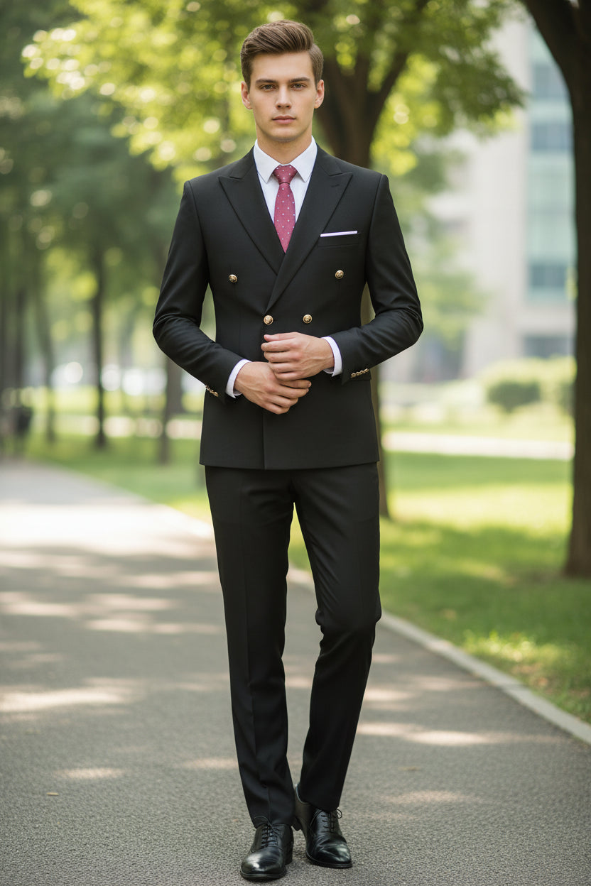 Black double-breasted jacket with gold buttons on a white background, featuring a red 'Only Jackets' logo.