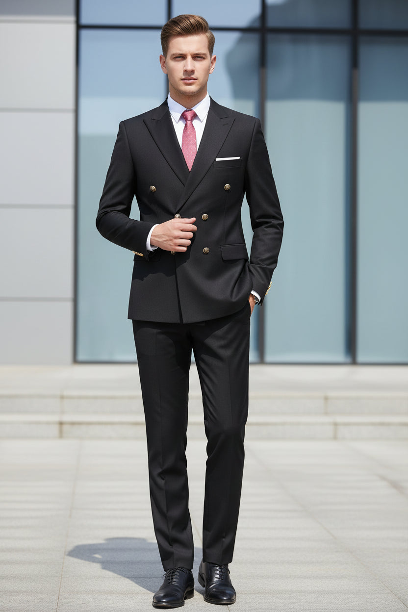 Black double-breasted jacket with gold buttons on a white background, featuring a red 'Only Jackets' logo.