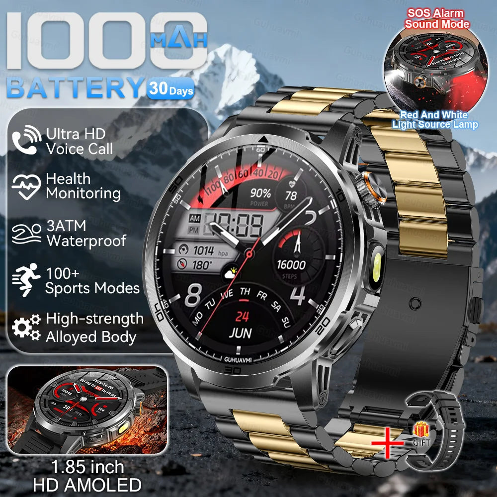 Smartwatch with gold and black band on mountain background, featuring battery life and feature text.