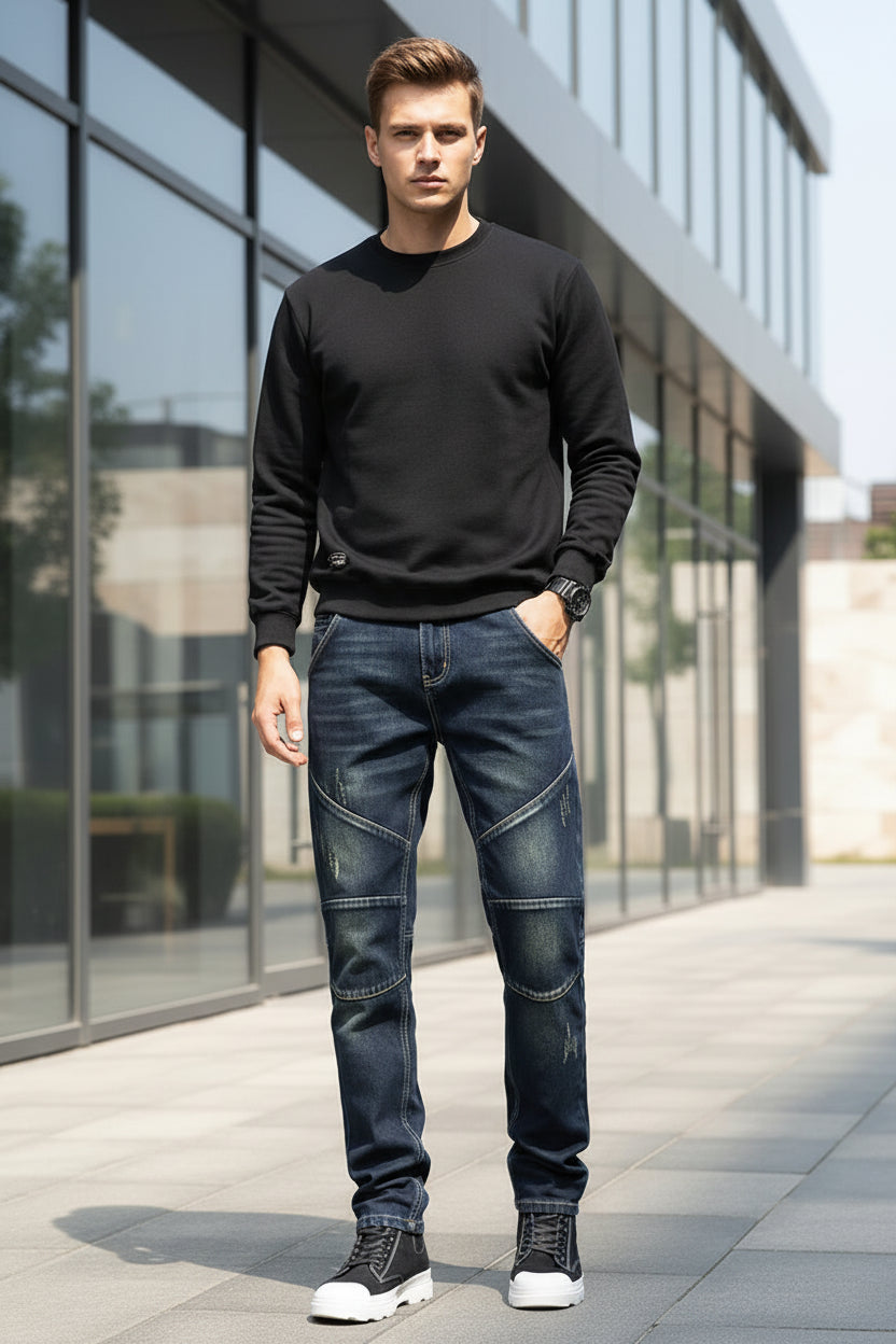 Person wearing blue jeans and black sneakers in a store setting